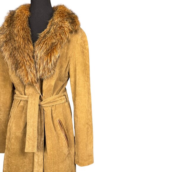 Vintage Tan Suede Leather Coat Faux Fur Collar Penny Lane Jacket Boho, 70s - Picture 2 of 8